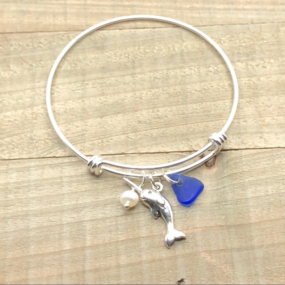 Sea Glass And Pearl Narwhal Bracelet • Genuine Seaglass • Beach Jewelry For Her - Picture 4 of 6